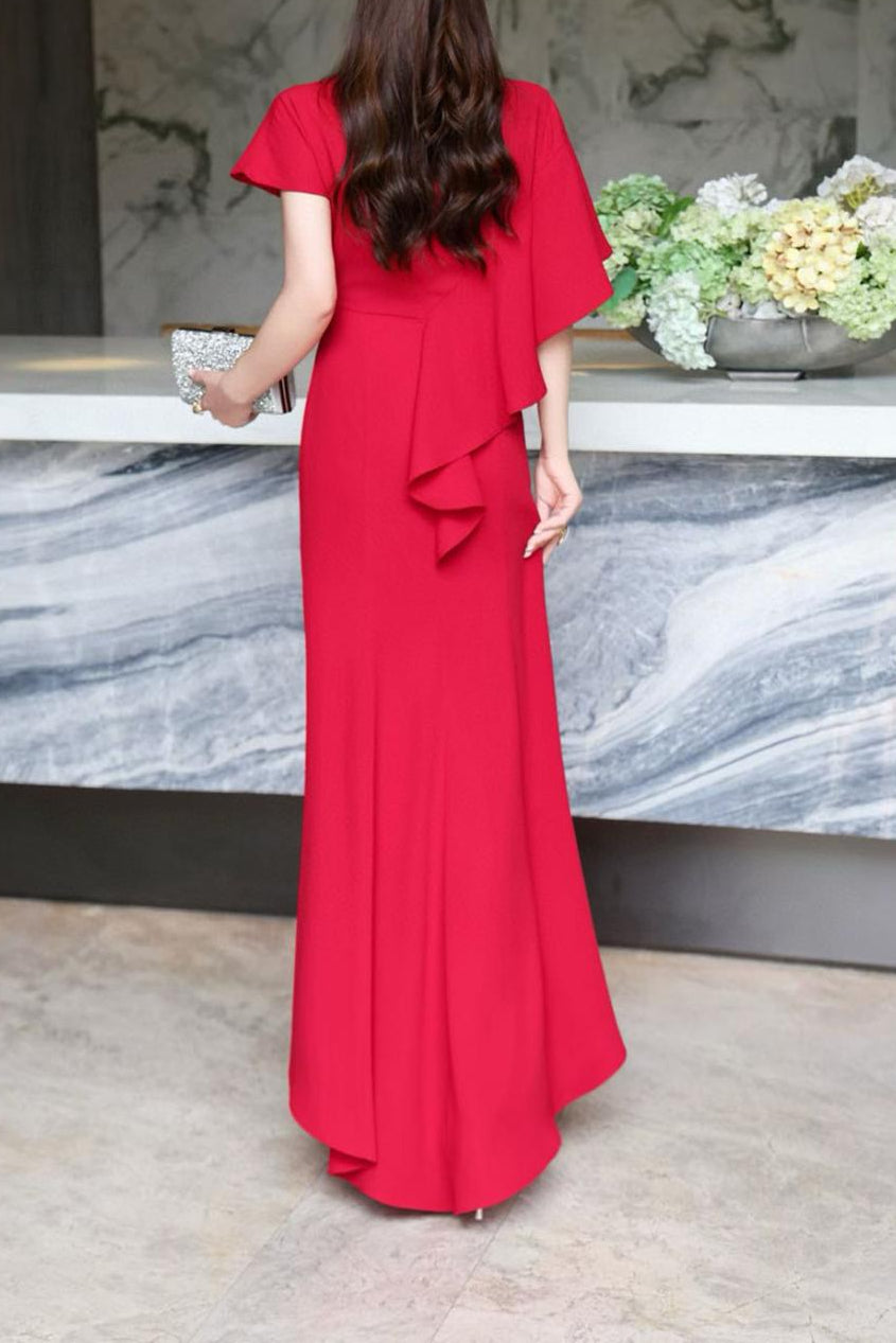 elegant flutter-sleeve maxi dress with draped belt – DARIA