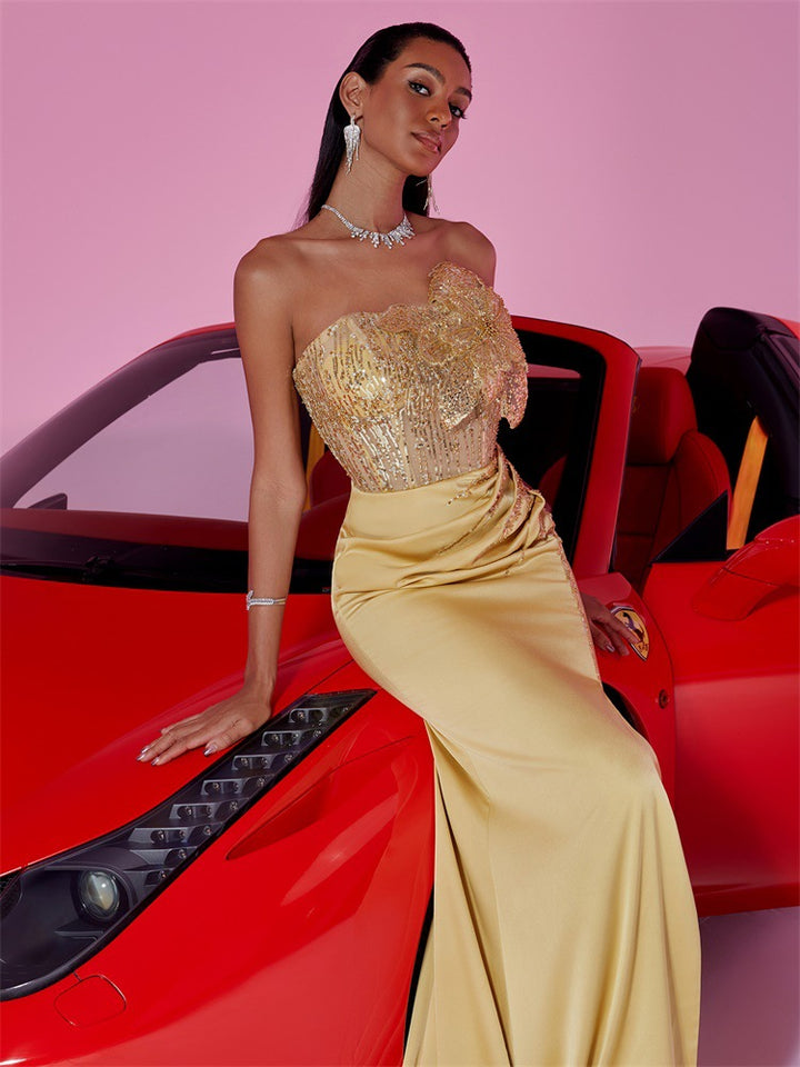 strapless satin gown with embellished bodice – AURELIA