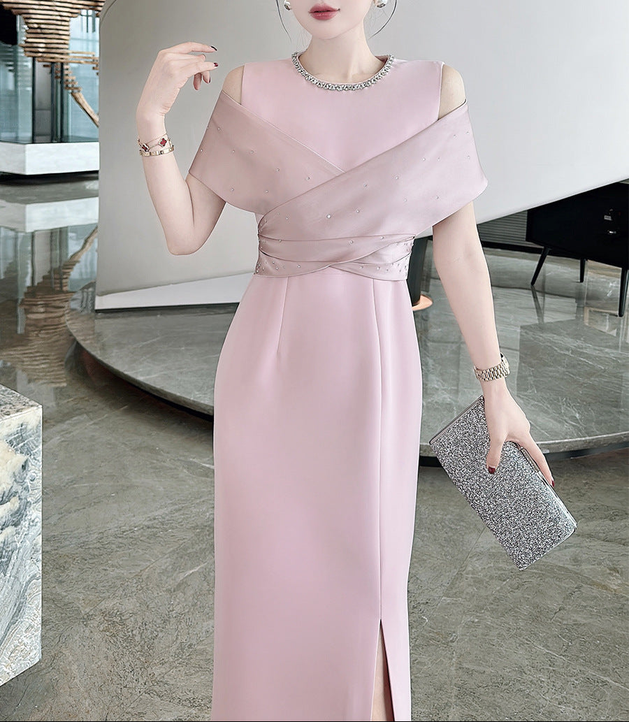 cold-shoulder column dress with satin drape – RUBINA