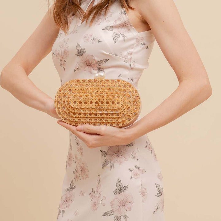 geweven rieten draagtas met dubbele leren handvatten – LÉONIE 