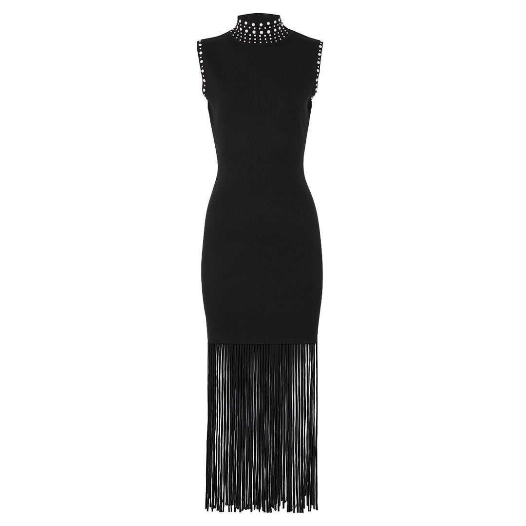 Sleeveless Midi Dress with Embellished High Neck & Fringe Hem – SERENA