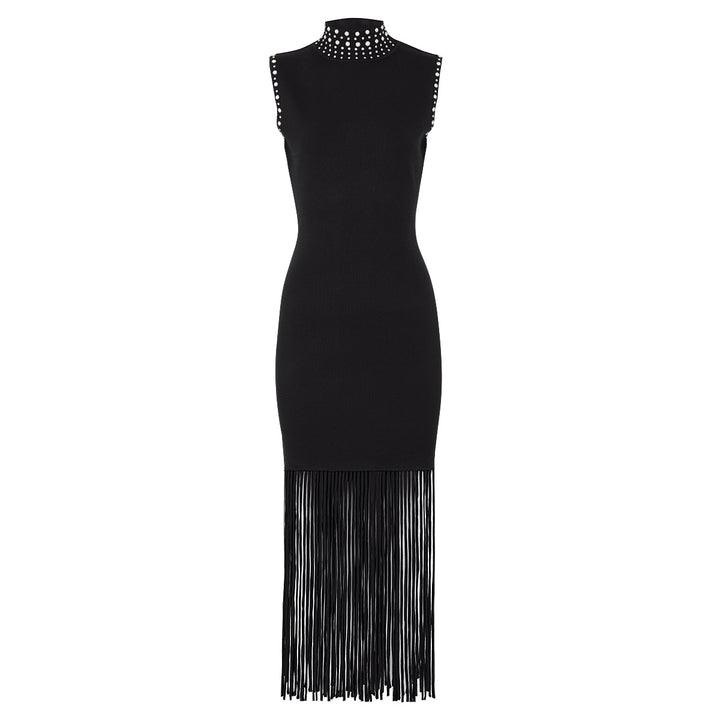 Sleeveless Midi Dress with Embellished High Neck & Fringe Hem – SERENA