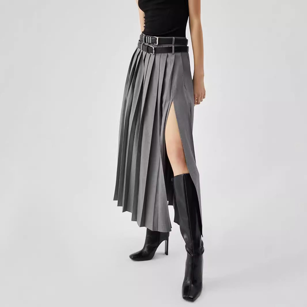 pleated high-slit midi skirt with belt detail – URBAN
