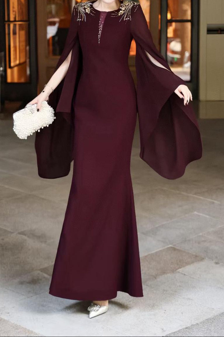 cape-sleeve mermaid dress with embellished shoulders – ROSABELLE