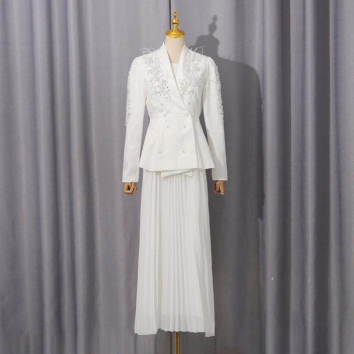 Plissiertes Oberteil mit ausgestellten Ärmeln und Maxirock-Set mit Taillengürtel – Rosiny 