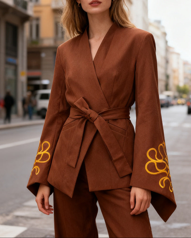 Plissiertes Oberteil mit ausgestellten Ärmeln und Maxirock-Set mit Taillengürtel – Rosiny 