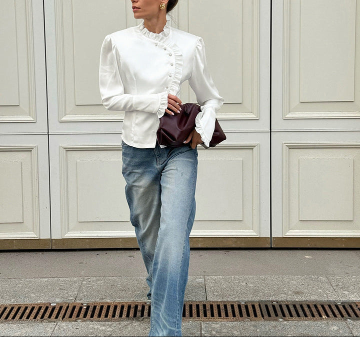 asymmetrical ruffle-front satin blouse – REGALIA