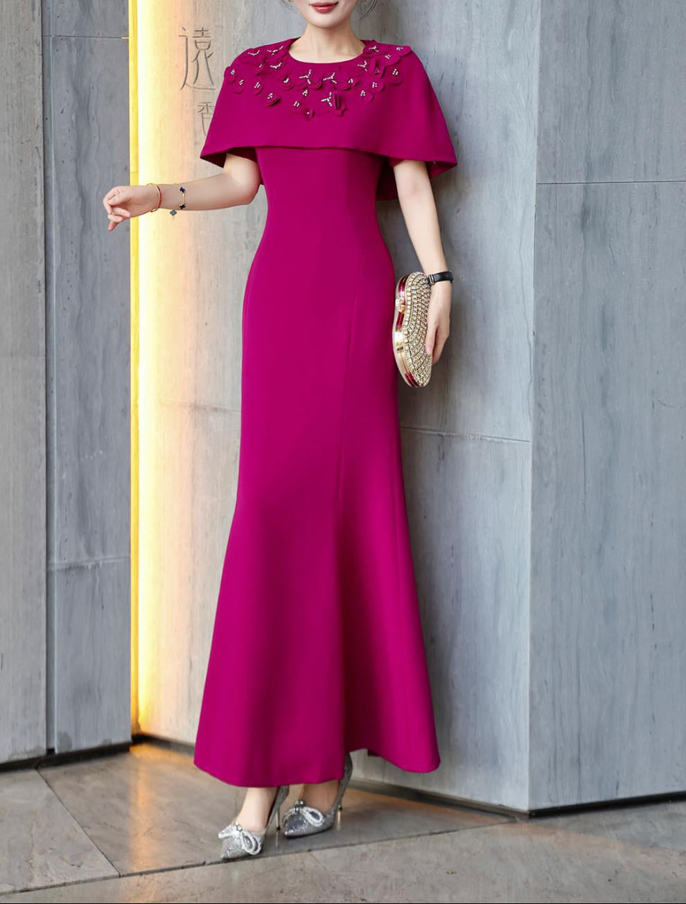 cape-shoulder mermaid dress with embellished neckline – FUCHSIA