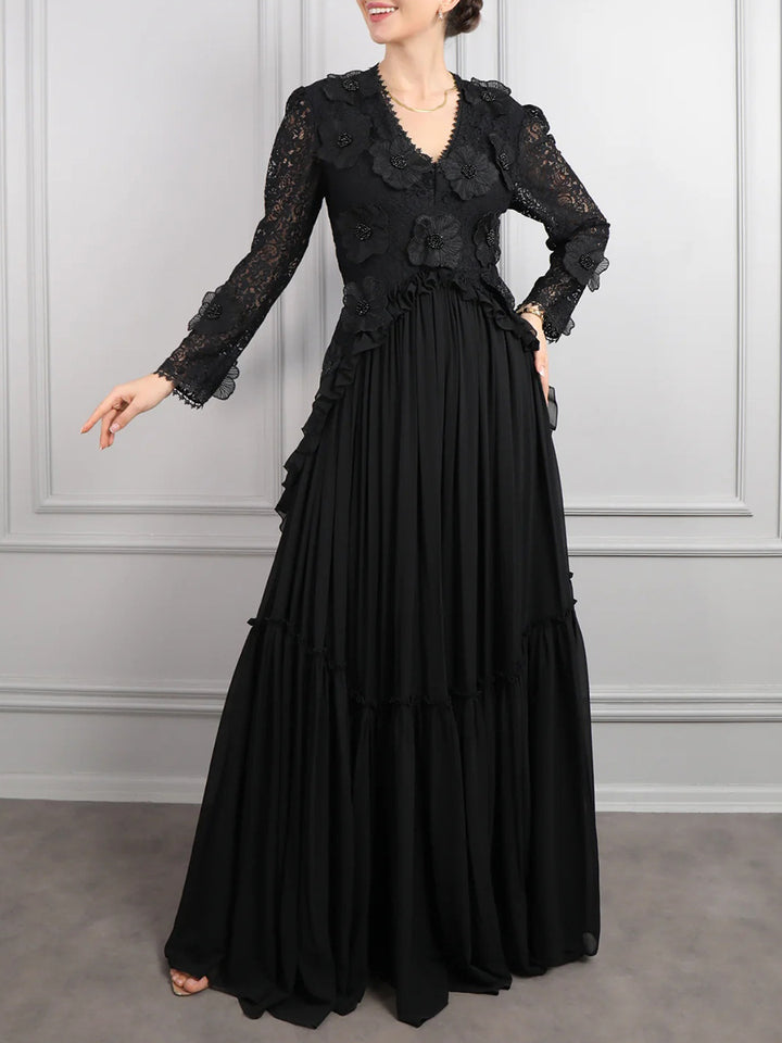 فستان من الدانتيل مع تنورة مطوية متعددة الطبقات – مونالار