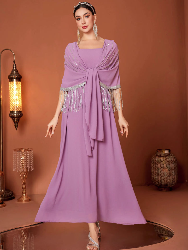 sleeveless column dress with draped fringe cape - AMIXUNA
