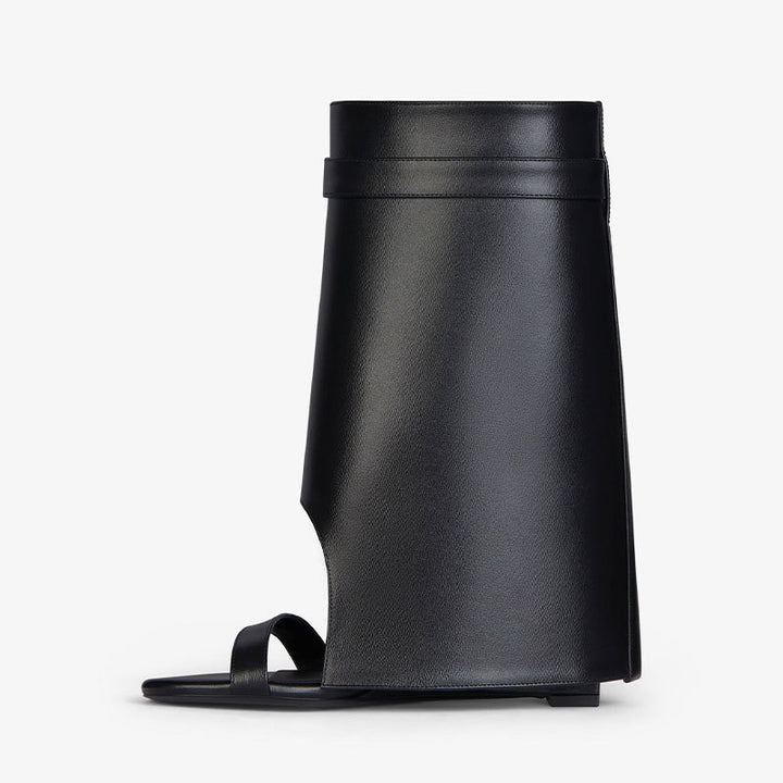 open-toe leather wedge boots with padlock detail – LUXE VAULT