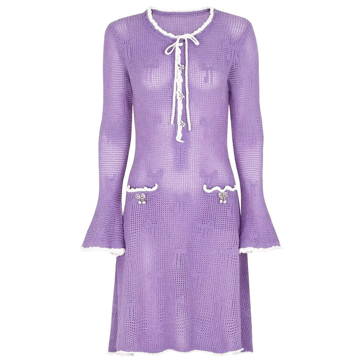 crochet flare-sleeve dress with bow-tie neckline – CELINERTA