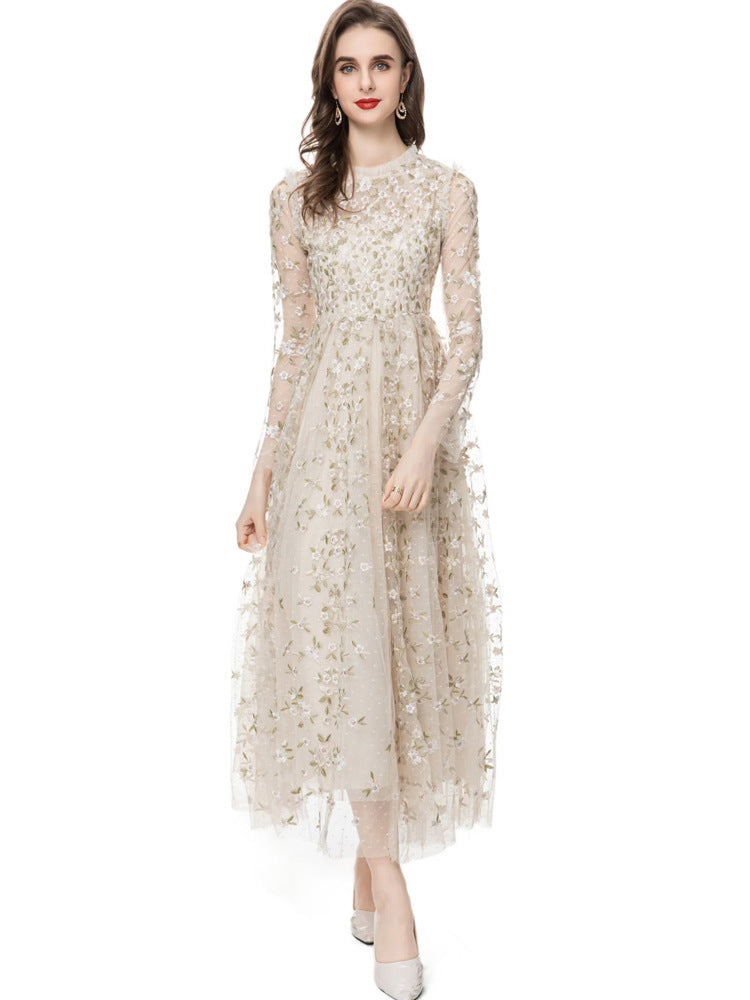 embroidered tulle midi gown with long sleeves – ORYVLA