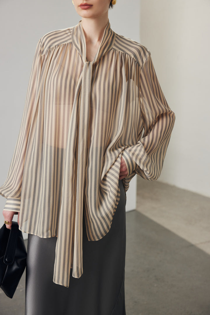sheer striped blouse with tie-neck bow – VELORA