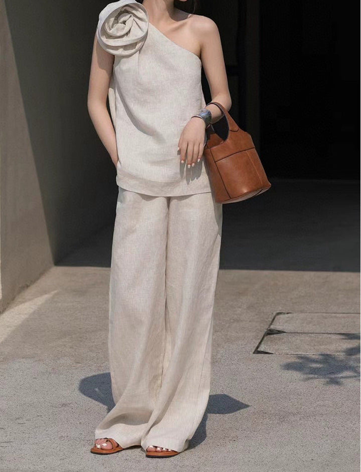 one-shoulder draped top with wide-leg linen trousers – IVORY