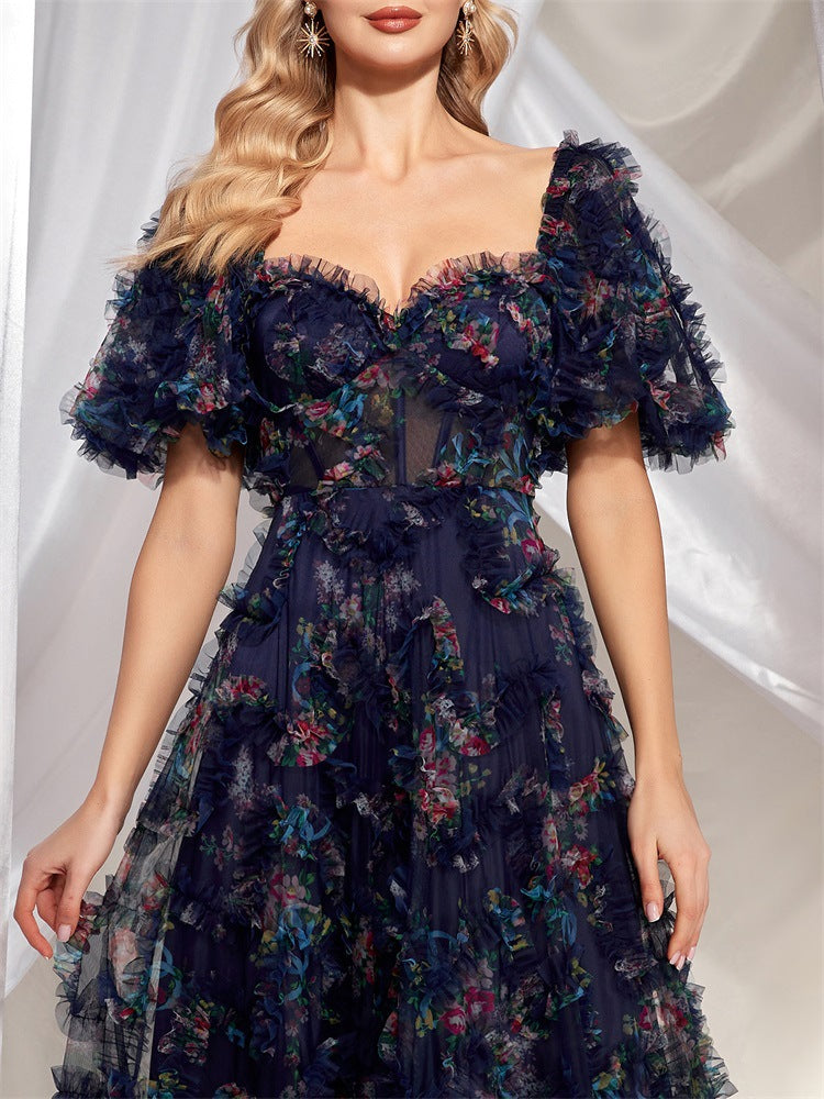 off-shoulder floral tulle gown with puff sleeves – NIGHT