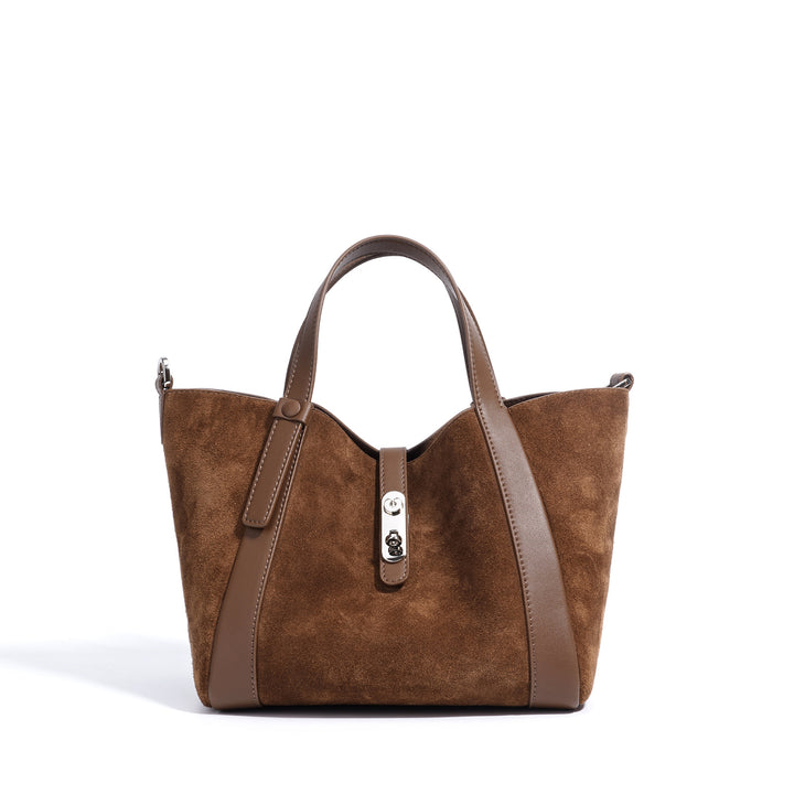 suede tote bag with leather trim and clasp – NOELLEVU