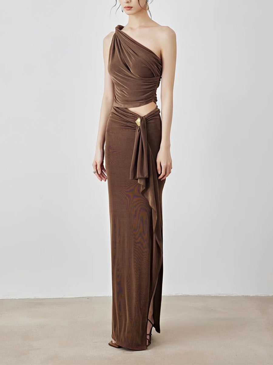 褶皱喇叭袖上衣和高腰裙套装，配腰带 – Rosiny 