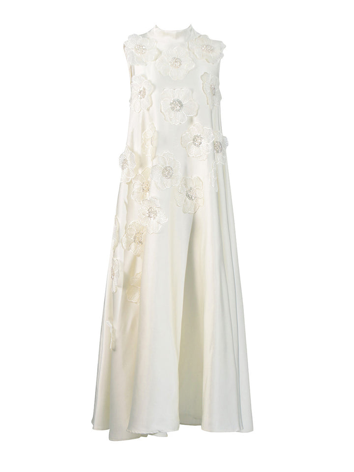 فستان ماكسي بدون أكمام بتصميم حرف A مع زخارف نباتية ثلاثية الأبعاد – زهر