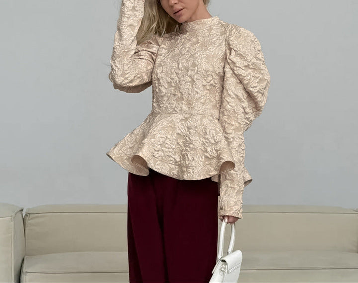 textured peplum blouse with sculpted puff sleeves – OPHELIA