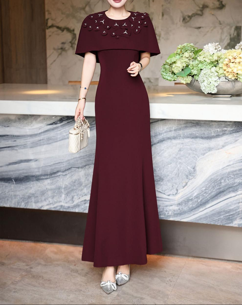 cape-shoulder mermaid dress with embellished neckline – FUCHSIA