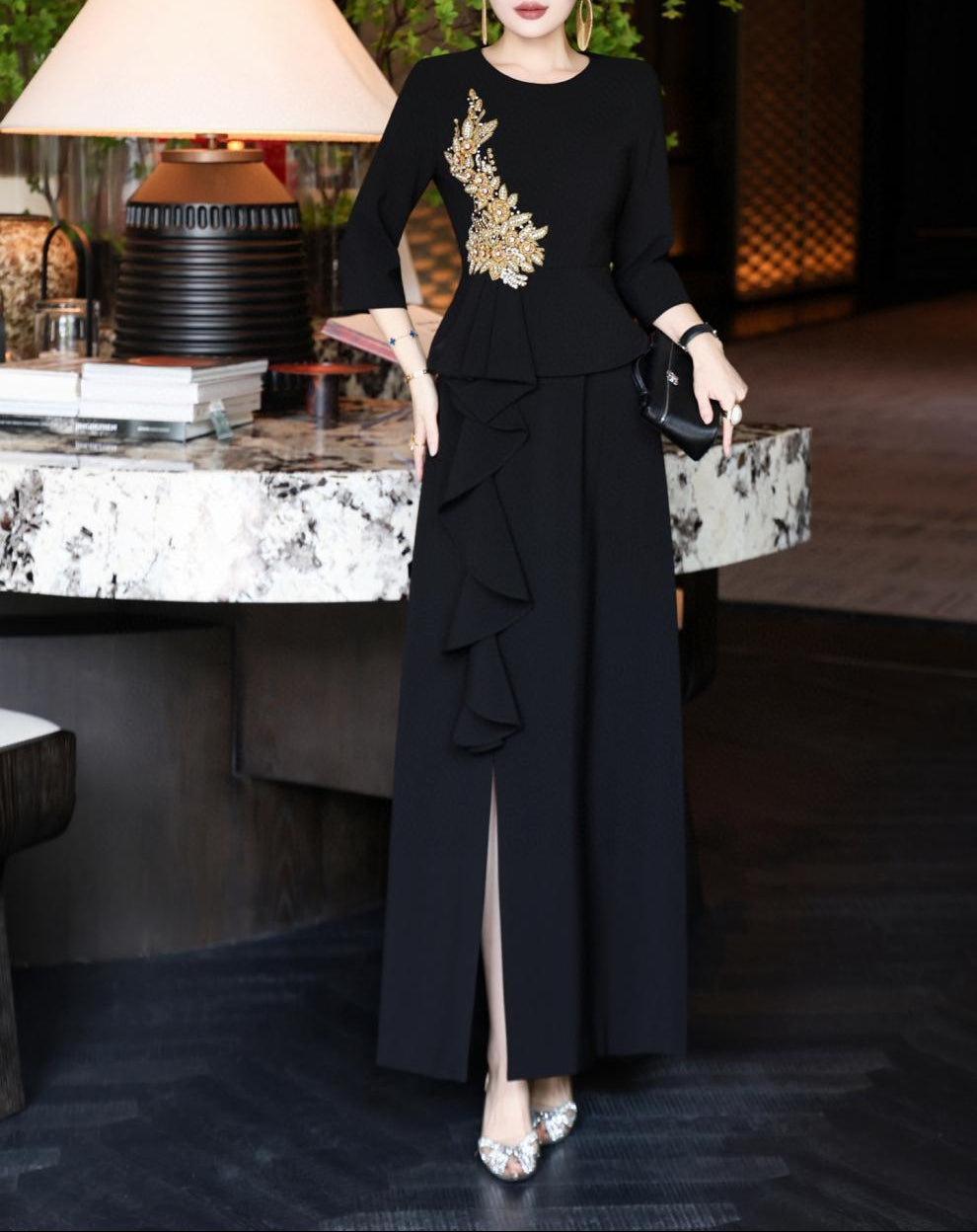 embellished peplum dress with cascading ruffle skirt – NOIR