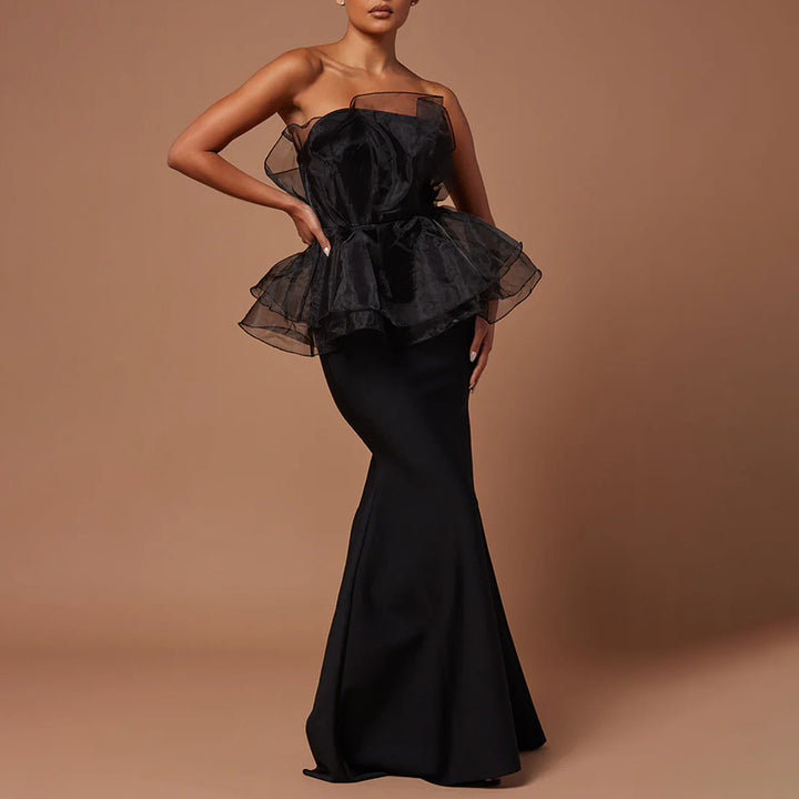 strapless peplum mermaid gown with organza overlay – BELLE