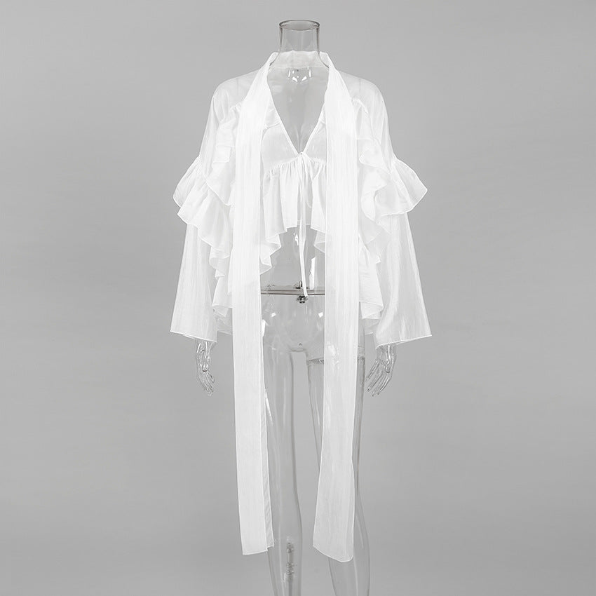 sheer ruffle-sleeve blouse with cascading ties – ELYSIA