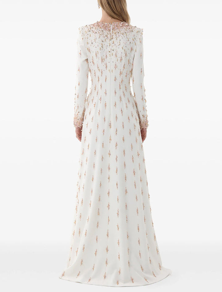 Dreiviertelärmel-Wickelkleid mit Paillettenrevers und Blumenapplikation – ALINA 