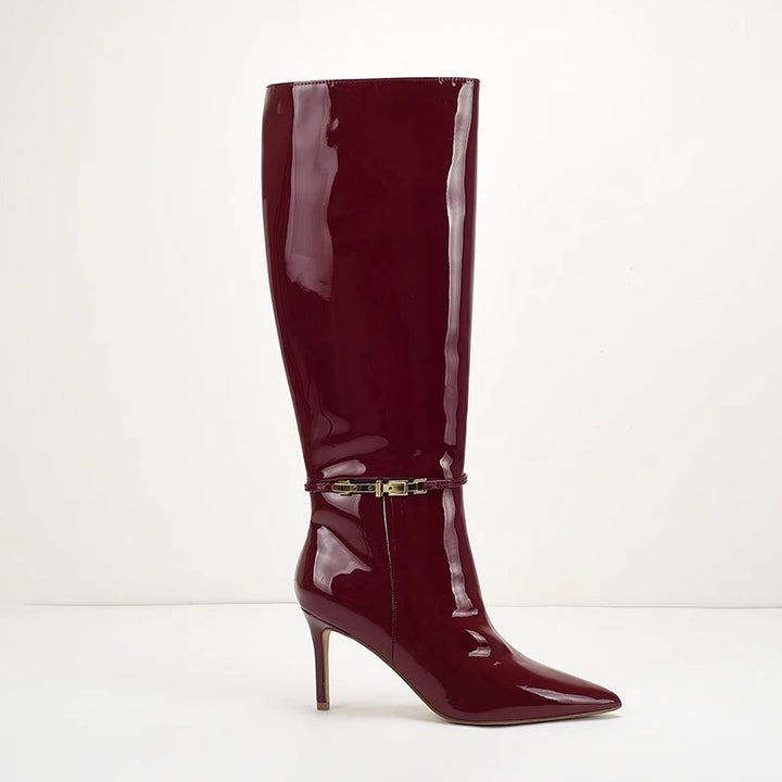 patent leather knee-high boots with gold buckle – VERA