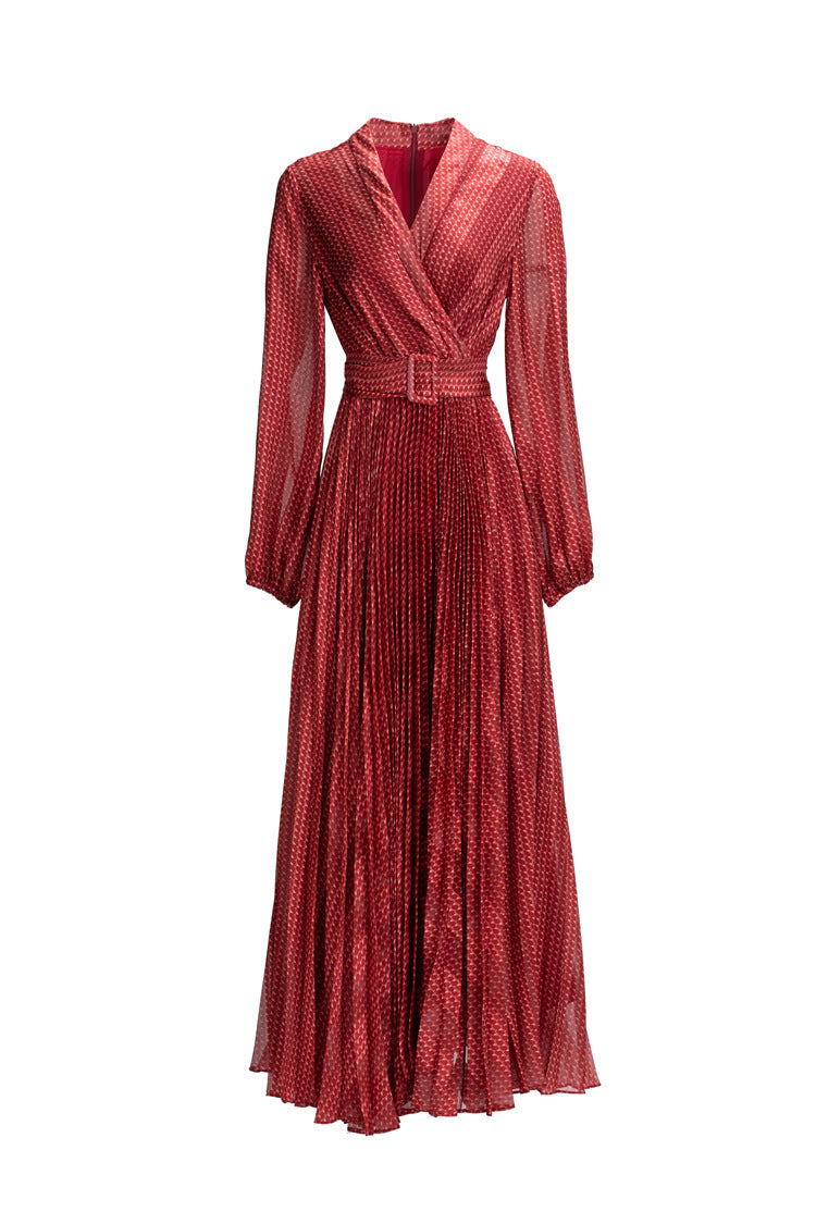 Red Metallic Pleated Wrap Dress – Ruby