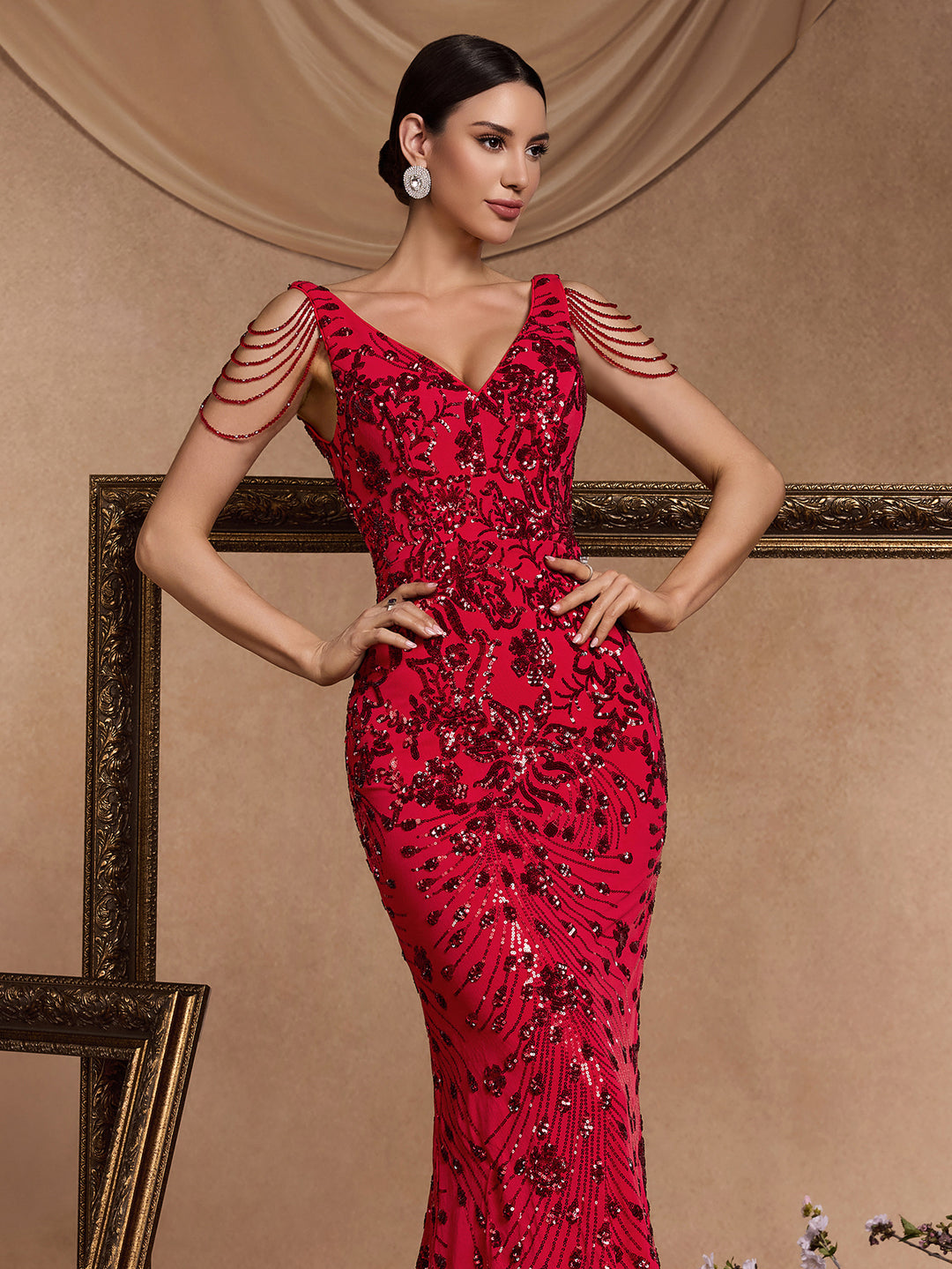 embellished V-neck mermaid gown with shoulder drape – ADELIA