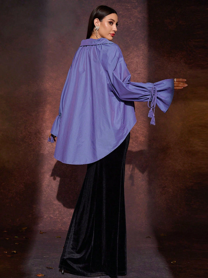 Plissiertes Oberteil mit ausgestellten Ärmeln und Maxirock-Set mit Taillengürtel – Rosiny 