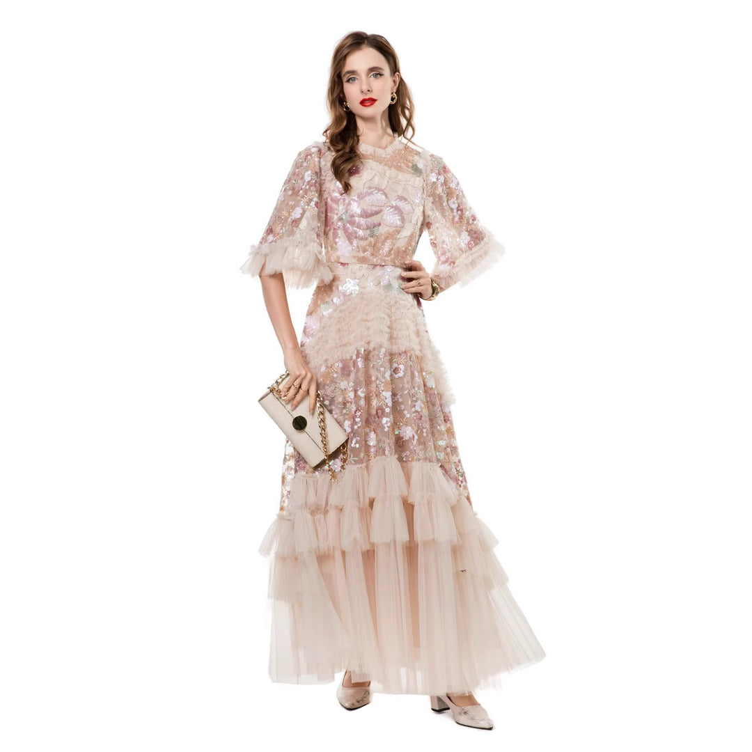 sequin-embroidered tulle gown with layered ruffle skirt – LUMIARA