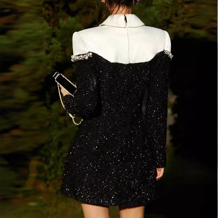 embellished tweed mini dress with pearl-trimmed lapel – VIONA