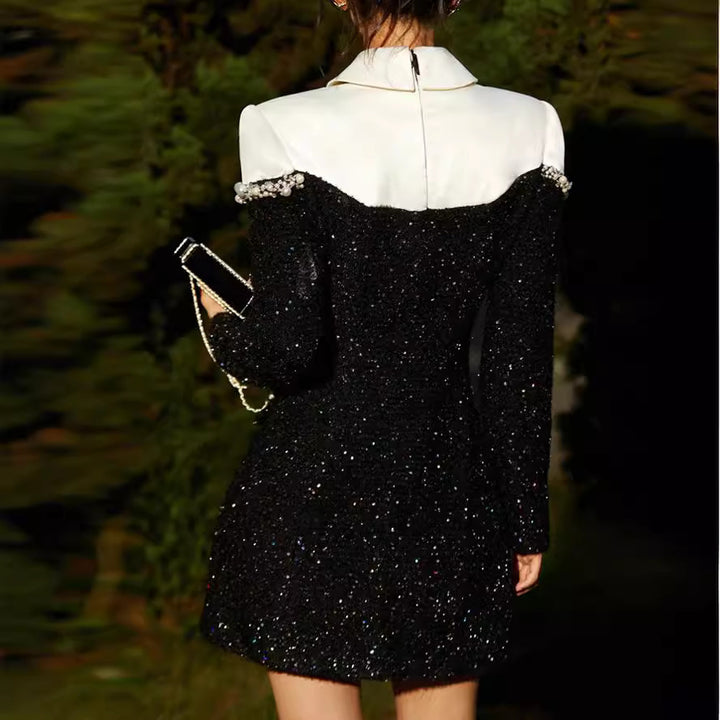 embellished tweed mini dress with pearl-trimmed lapel – VIONA