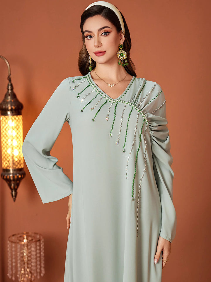 costume évasé sur mesure avec manches bouffantes en satin – VALENCIA 