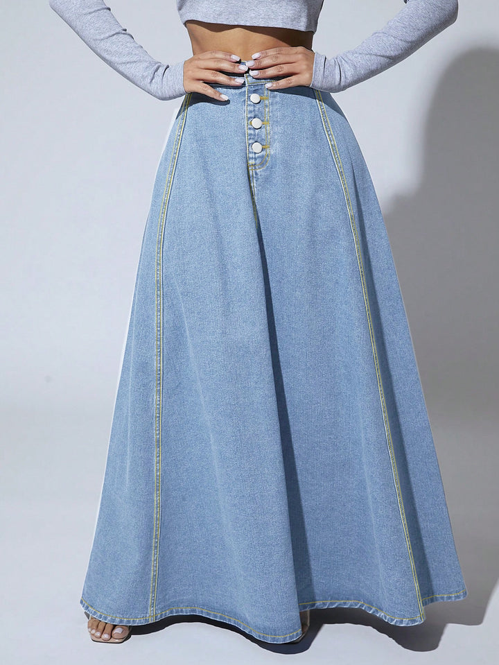 high-waist flared denim maxi skirt with front buttons – MAYA