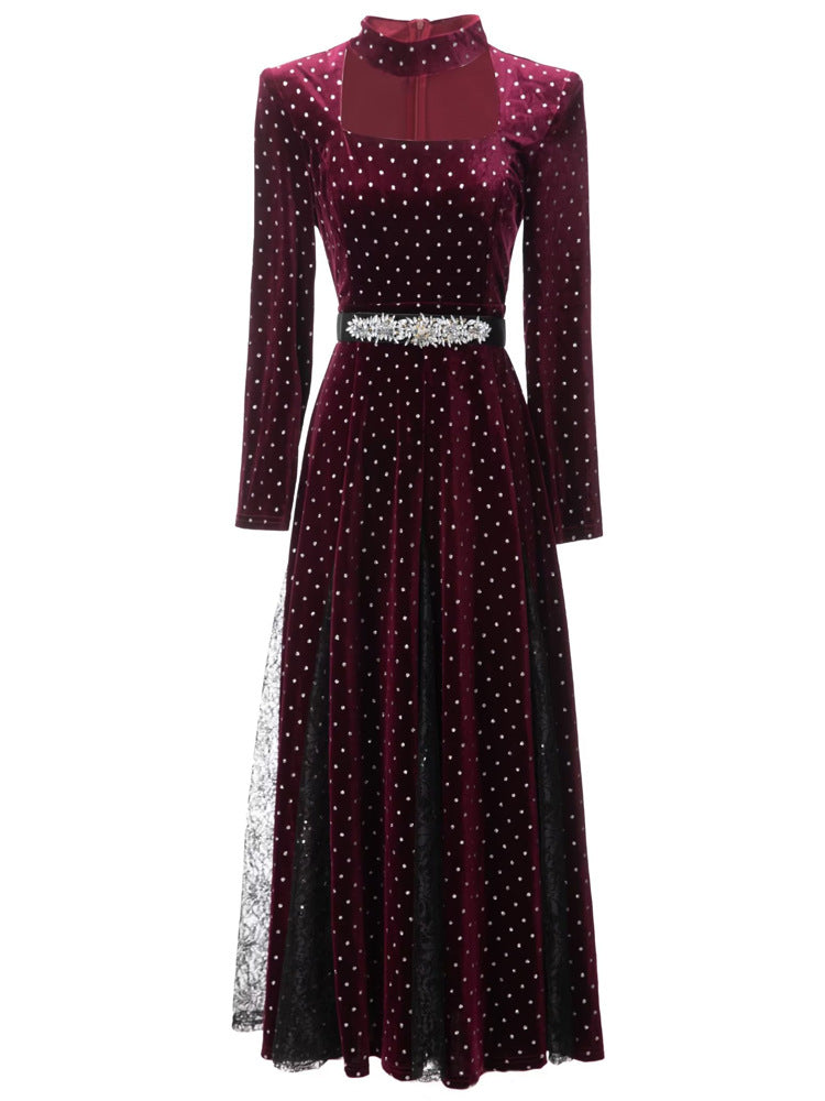 velvet polka dot gown with choker neckline and embellished belt – STELLAR