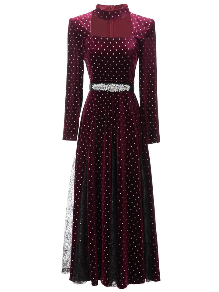 velvet polka dot gown with choker neckline and embellished belt – STELLAR