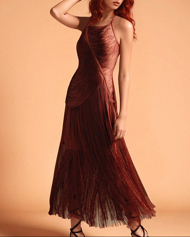 pleated halter fringe gown – SIERRA