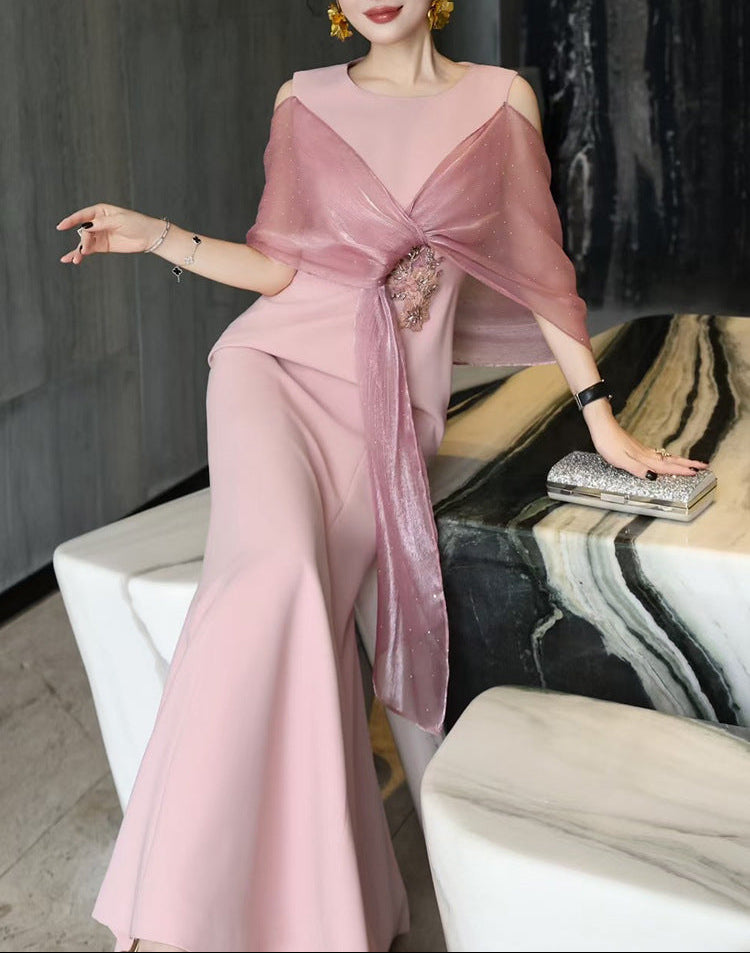 cold-shoulder flare gown with embellished wrap – ROSABELLA