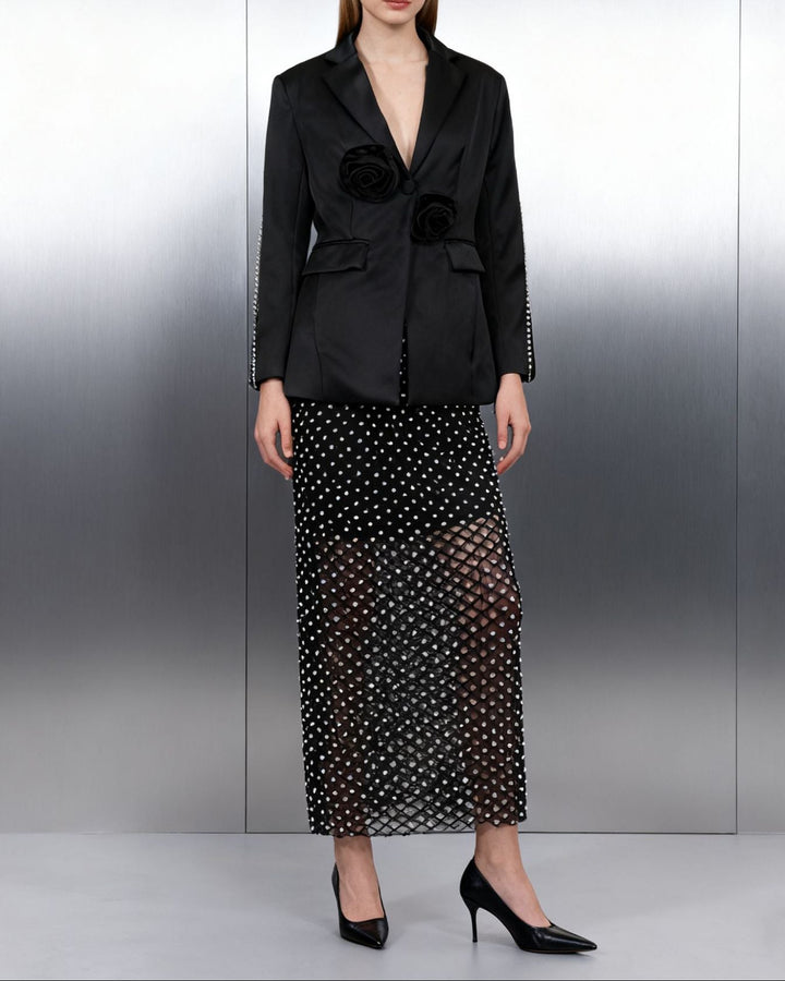 Plissiertes Oberteil mit ausgestellten Ärmeln und Maxirock-Set mit Taillengürtel – Rosiny 