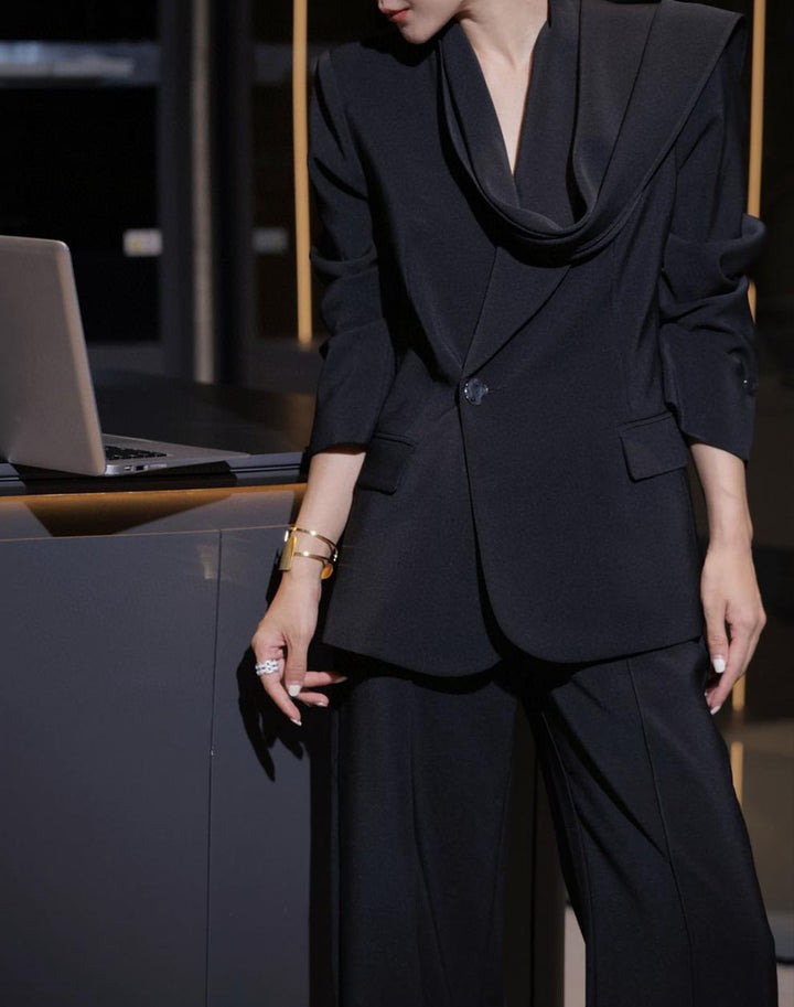 tailored wide-leg pantsuit with draped lapel blazer – ASTER