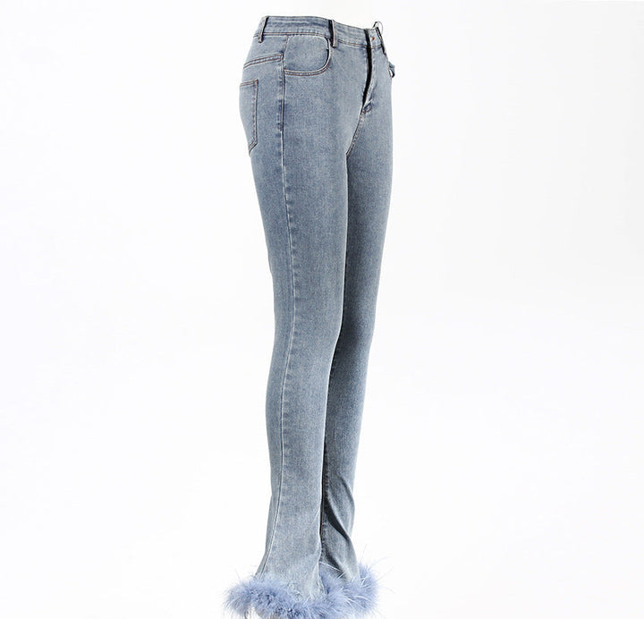 بنطلون جينز مستقيم الساق مع حاشية من الريش - أوريكسا