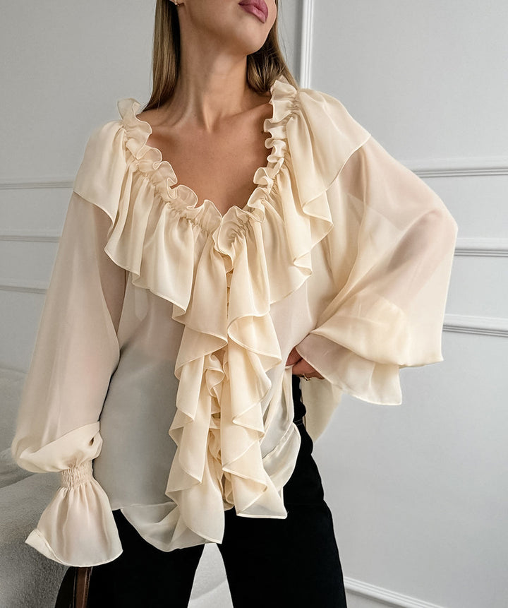 chiffon blouse with cascading ruffle neckline – SERENE
