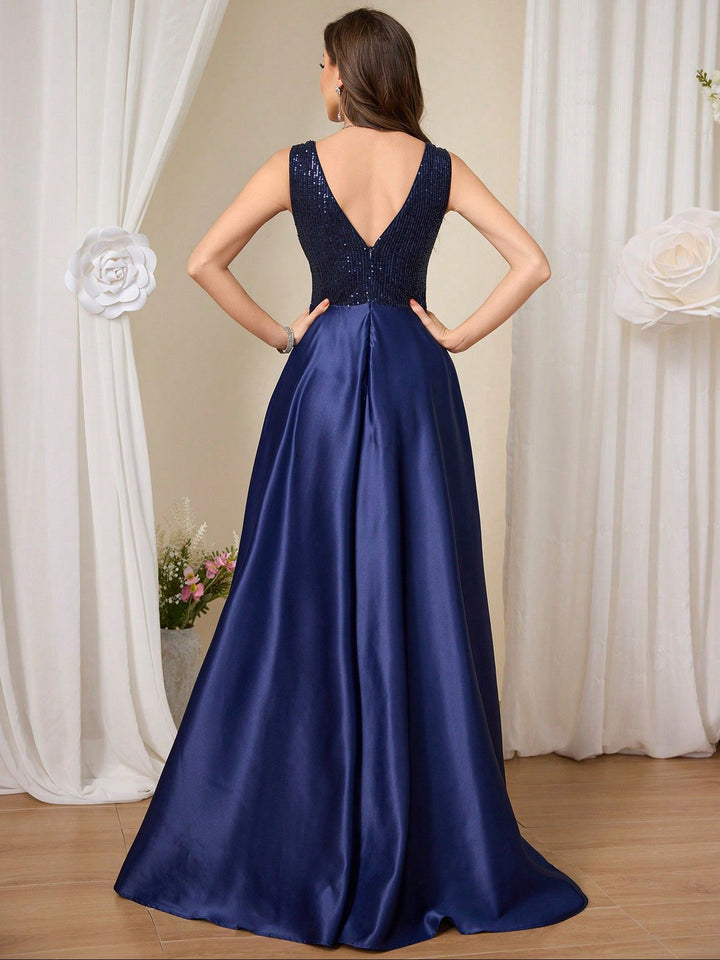 sleeveless satin gown with sequined bodice – CELERTE