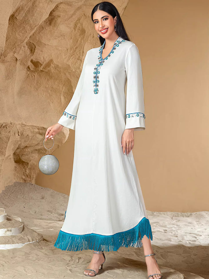 Embroidered White Maxi Dress with Fringe Hem – AZURA