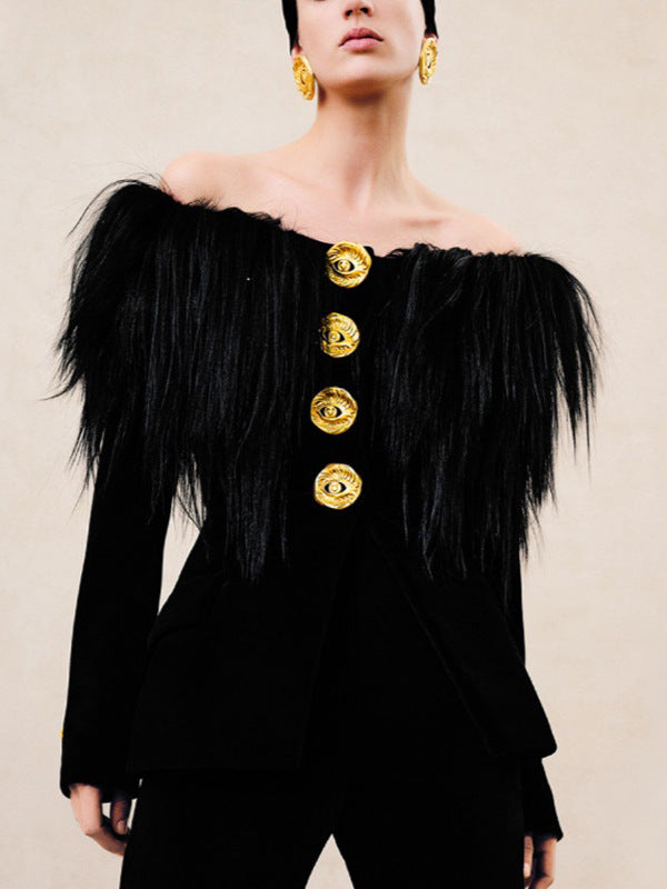 off-shoulder blazer with feather trim – VESPERA