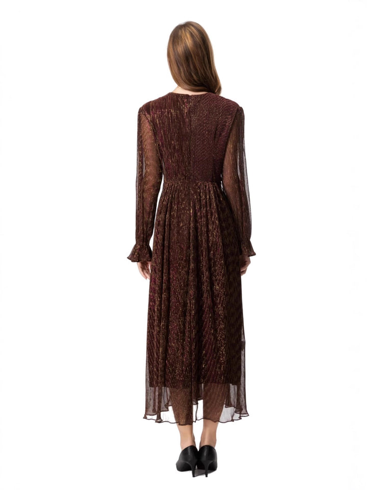 metallic pleated chiffon dress with wrap waist – ADELIA